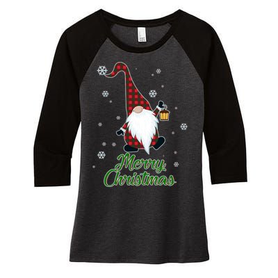 Merry Christmas Plaid Garden Gnome Women's Tri-Blend 3/4-Sleeve Raglan Shirt