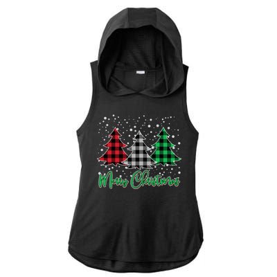 Merry Christmas Plaid Trees Ladies PosiCharge Tri-Blend Wicking Draft Hoodie Tank