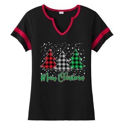 Merry Christmas Plaid Trees Ladies Halftime Notch Neck Tee