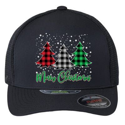 Merry Christmas Plaid Trees Flexfit Unipanel Trucker Cap