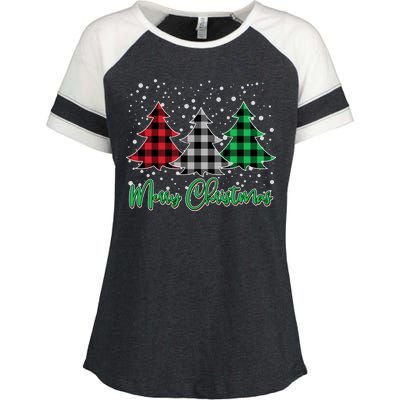 Merry Christmas Plaid Trees Enza Ladies Jersey Colorblock Tee