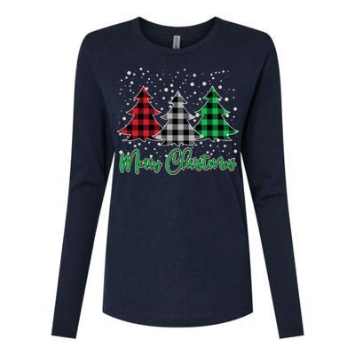 Merry Christmas Plaid Trees Womens Cotton Relaxed Long Sleeve T-Shirt