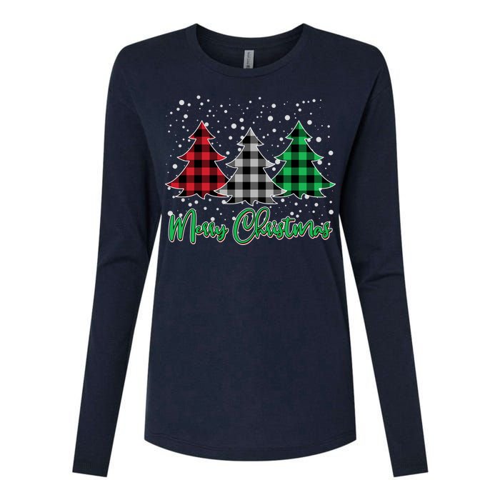 Merry Christmas Plaid Trees Womens Cotton Relaxed Long Sleeve T-Shirt