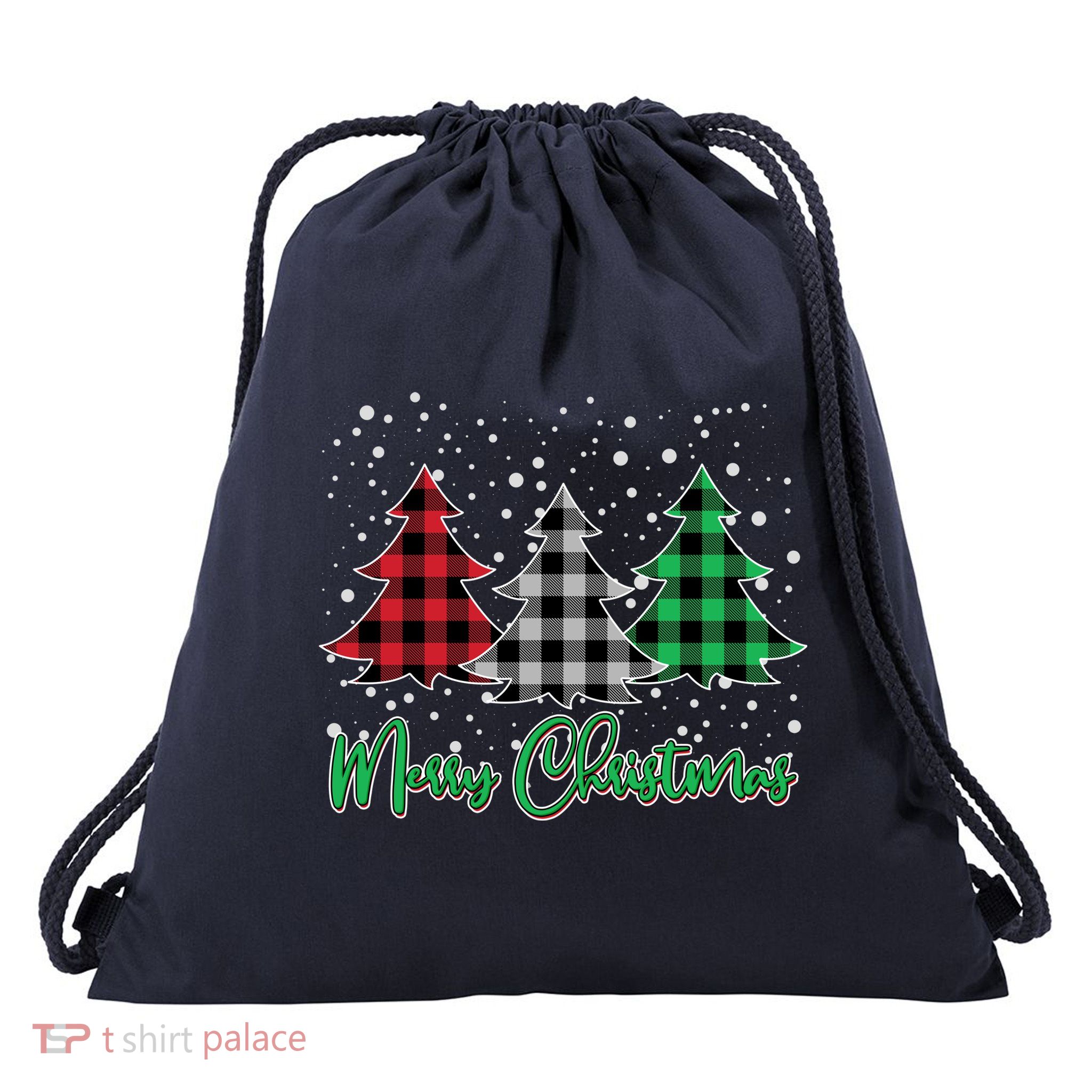 Merry Christmas Plaid Trees Drawstring Bag