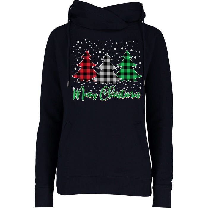 Merry Christmas Plaid Trees Womens Funnel Neck Pullover Hood