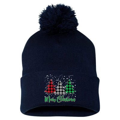 Merry Christmas Plaid Trees Pom Pom 12in Knit Beanie