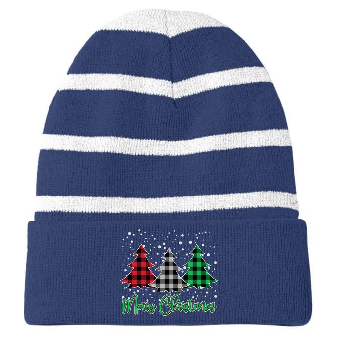 Merry Christmas Plaid Trees Striped Beanie with Solid Band