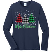 Merry Christmas Plaid Trees Ladies Long Sleeve Shirt