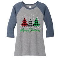 Merry Christmas Plaid Trees Women's Tri-Blend 3/4-Sleeve Raglan Shirt