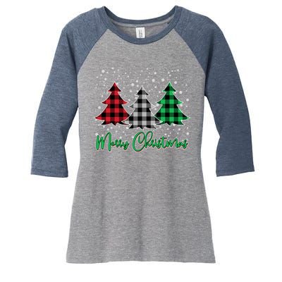 Merry Christmas Plaid Trees Women's Tri-Blend 3/4-Sleeve Raglan Shirt