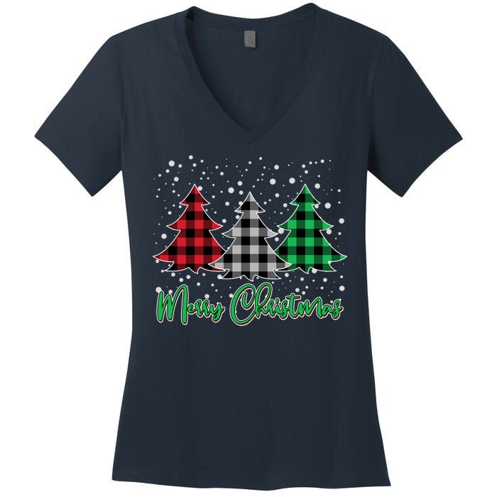 Merry Christmas Plaid Trees Women's V-Neck T-Shirt