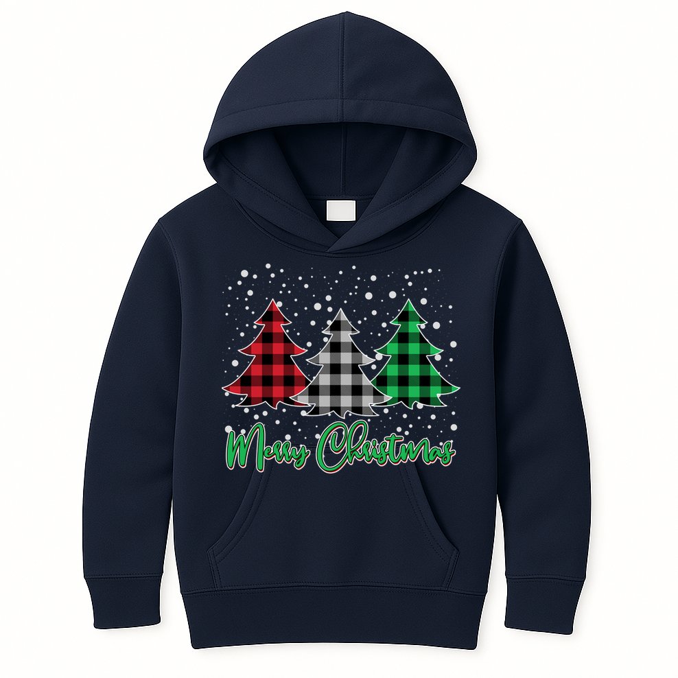 Merry Christmas Plaid Trees Kids Hoodie