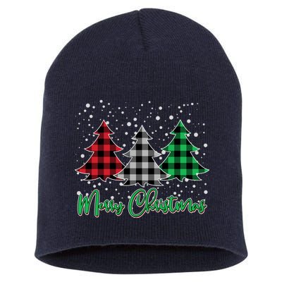 Merry Christmas Plaid Trees Short Acrylic Beanie