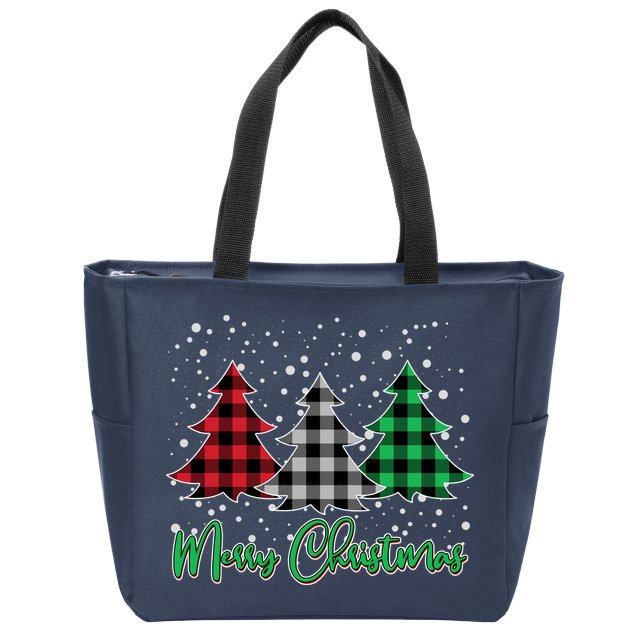 Merry Christmas Plaid Trees Zip Tote Bag