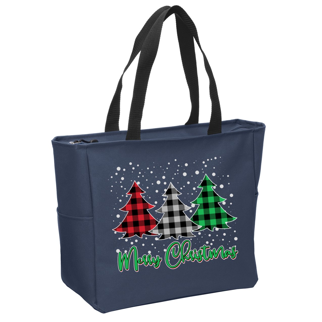 Merry Christmas Plaid Trees Zip Tote Bag