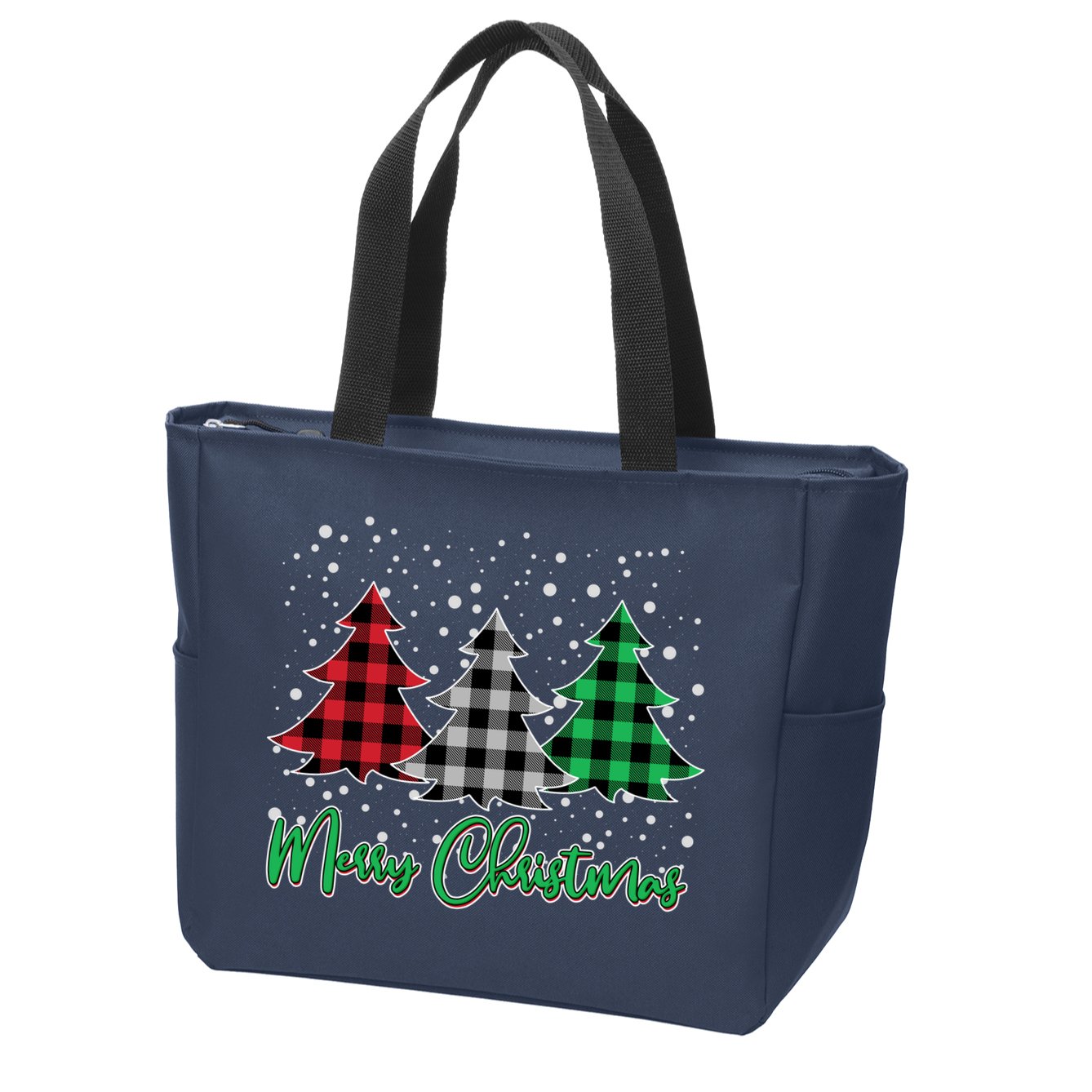 Merry Christmas Plaid Trees Zip Tote Bag