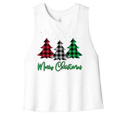 Merry Christmas Plaid Trees Women's Racerback Cropped Tank