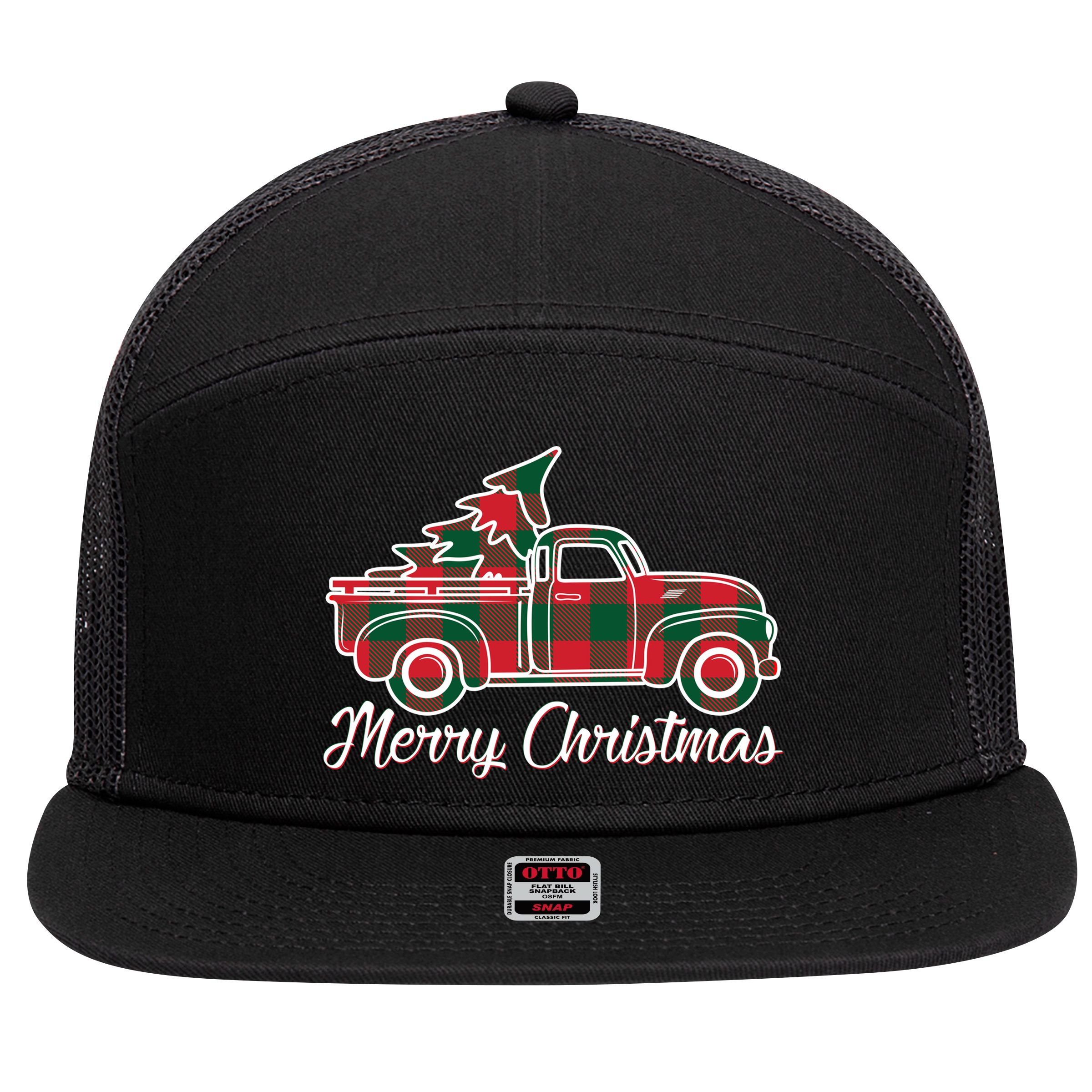 Merry Christmas Plaid Truck And Tree 7 Panel Mesh Trucker Snapback Hat