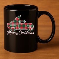 Merry Christmas Plaid Truck And Tree 11oz C Handle Ceramic Mug