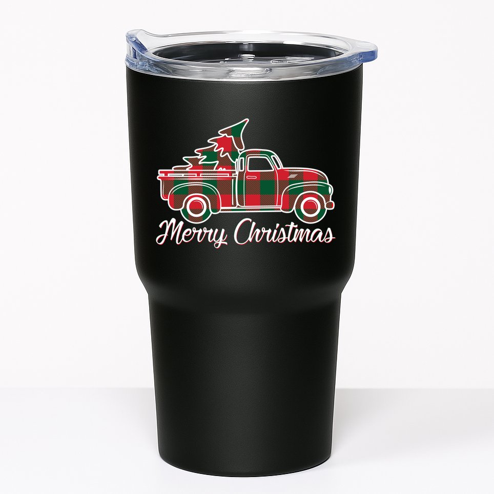Merry Christmas Plaid Truck And Tree Tumbler