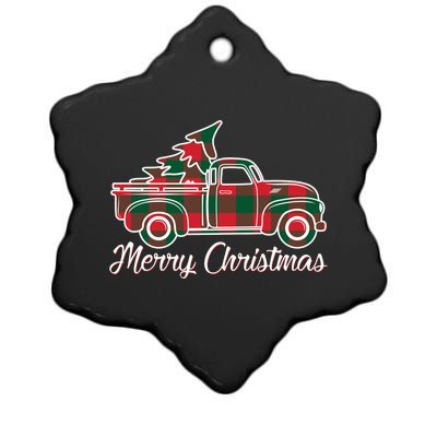 Merry Christmas Plaid Truck And Tree Ceramic Star Ornament