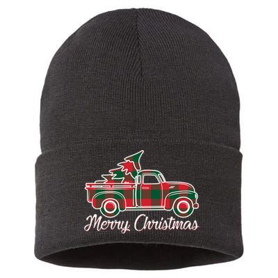 Merry Christmas Plaid Truck And Tree Sustainable Knit Beanie