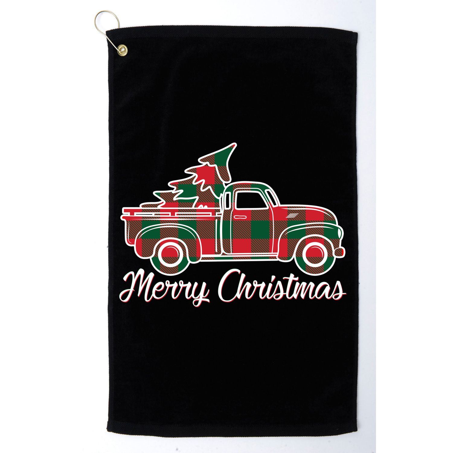 Merry Christmas Plaid Truck And Tree Golf Towel