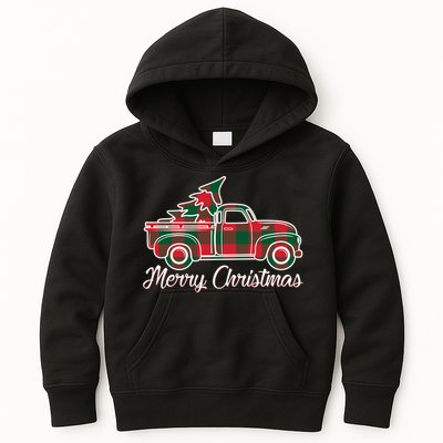 Merry Christmas Plaid Truck And Tree Kids Hoodie