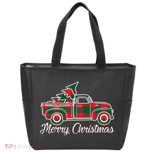 Merry Christmas Plaid Truck And Tree Zip Tote Bag