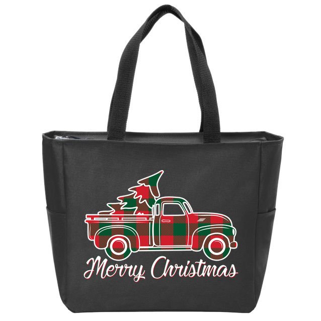 Merry Christmas Plaid Truck And Tree Zip Tote Bag