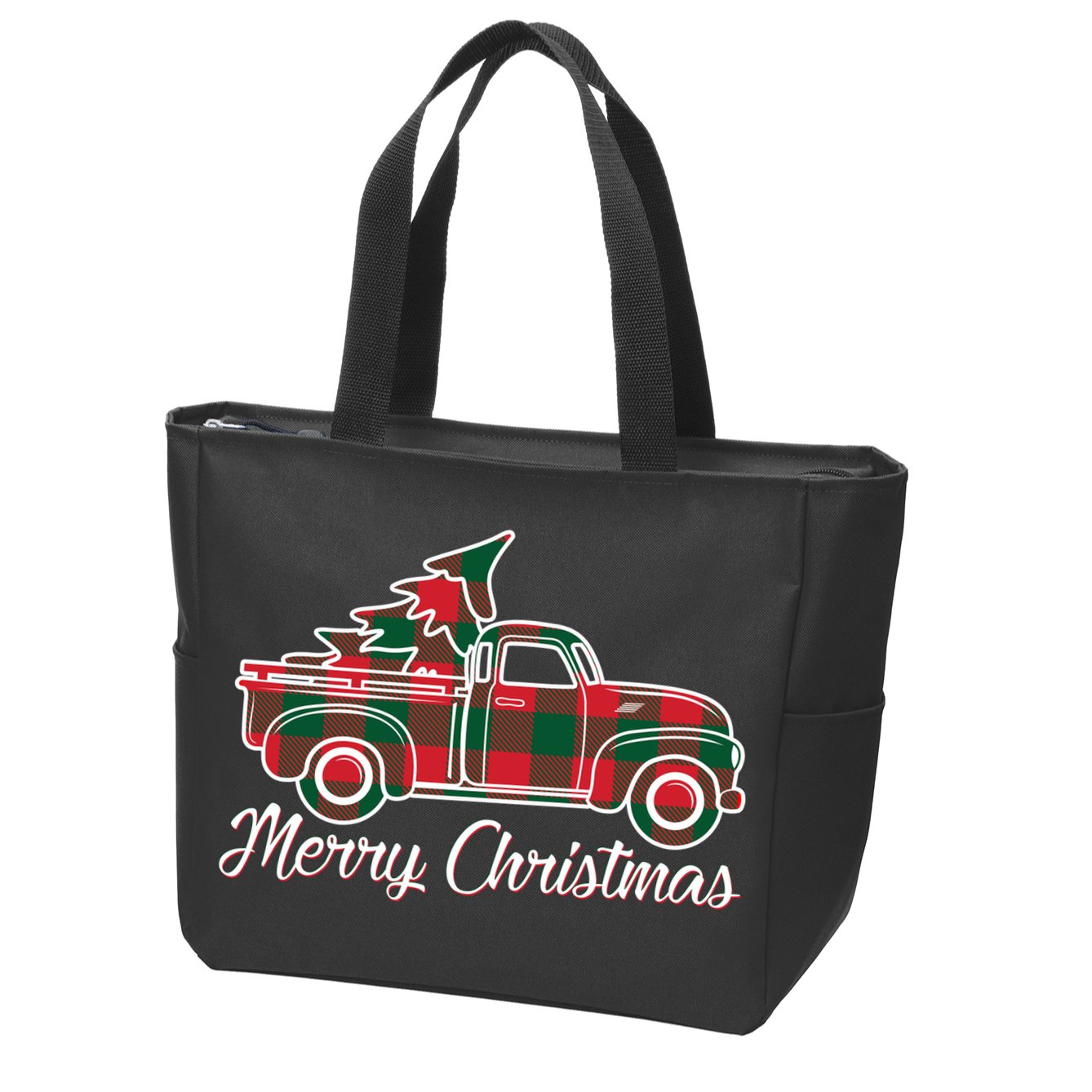 Merry Christmas Plaid Truck And Tree Zip Tote Bag