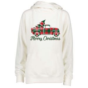 Merry Christmas Plaid Truck And Tree Womens Funnel Neck Pullover Hood