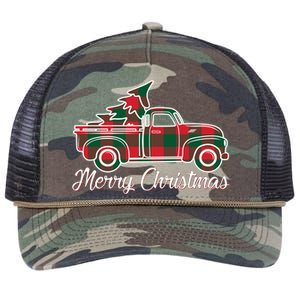 Merry Christmas Plaid Truck And Tree Retro Rope Trucker Hat Cap