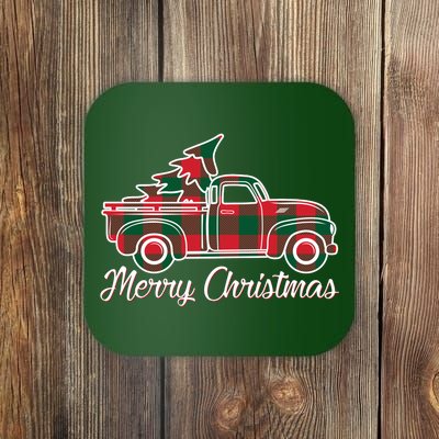 Merry Christmas Plaid Truck And Tree Coaster