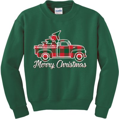 Merry Christmas Plaid Truck And Tree Kids Sweatshirt