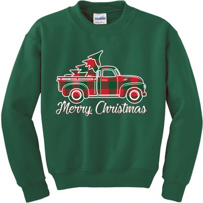 Merry Christmas Plaid Truck And Tree Kids Sweatshirt