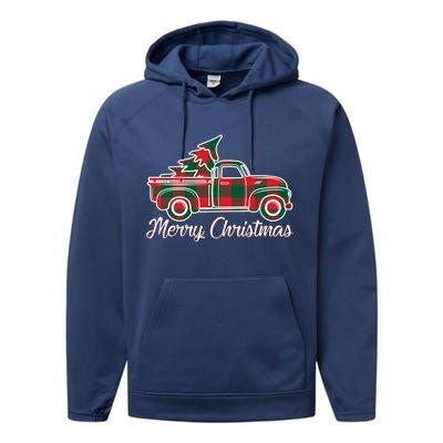 Merry Christmas Plaid Truck And Tree Performance Fleece Hoodie