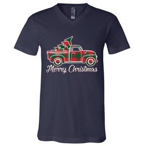 Merry Christmas Plaid Truck And Tree V-Neck T-Shirt