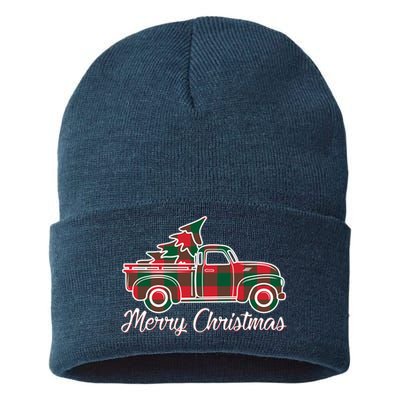 Merry Christmas Plaid Truck And Tree Sustainable Knit Beanie