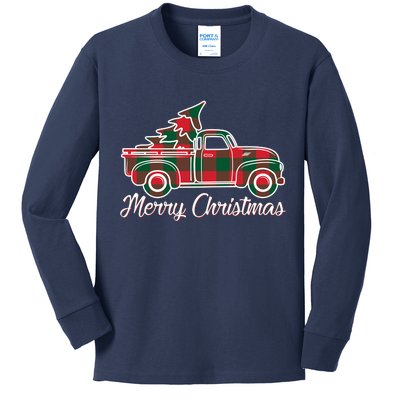 Merry Christmas Plaid Truck And Tree Kids Long Sleeve Shirt