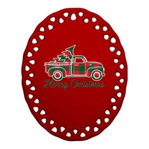 Merry Christmas Plaid Truck And Tree Ceramic Oval Ornament