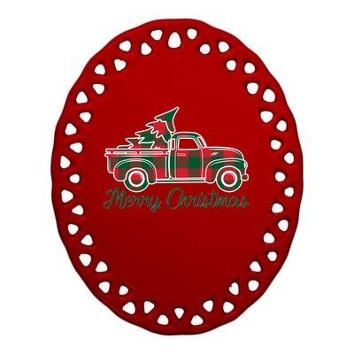 Merry Christmas Plaid Truck And Tree Ceramic Oval Ornament