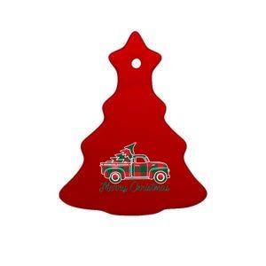 Merry Christmas Plaid Truck And Tree Ceramic Tree Ornament