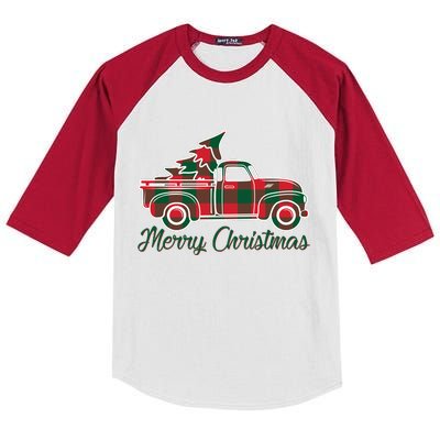 Merry Christmas Plaid Truck And Tree Kids Colorblock Raglan Jersey