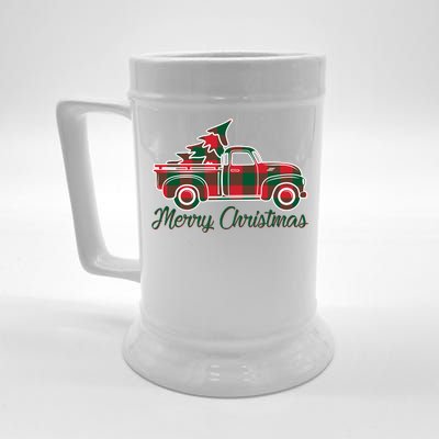 Merry Christmas Plaid Truck And Tree Beer Stein