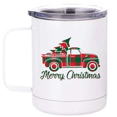 Merry Christmas Plaid Truck And Tree 12 oz Stainless Steel Tumbler Cup