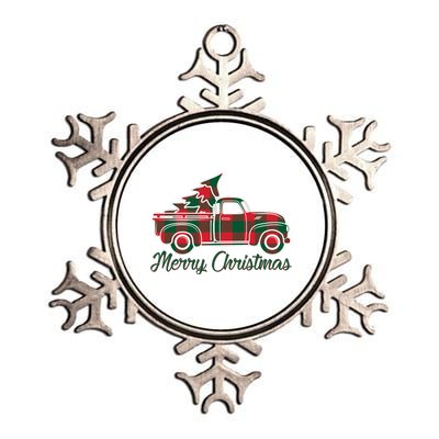 Merry Christmas Plaid Truck And Tree Metallic Star Ornament