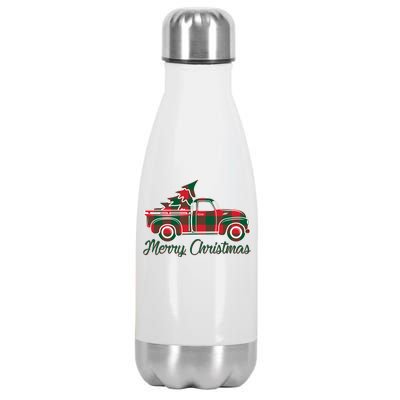 Merry Christmas Plaid Truck And Tree Stainless Steel Insulated Water Bottle