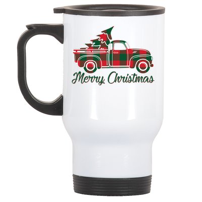 Merry Christmas Plaid Truck And Tree Stainless Steel Travel Mug