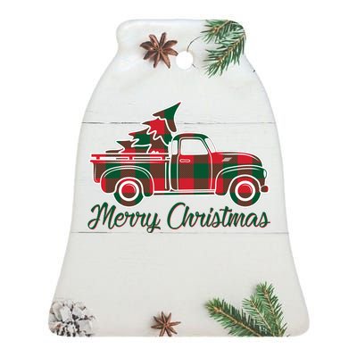 Merry Christmas Plaid Truck And Tree Ceramic Bell Ornament